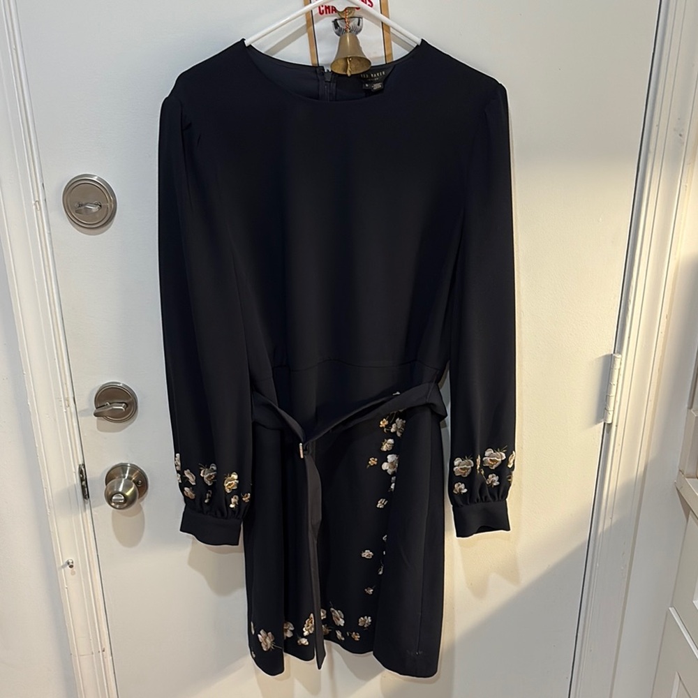 Ted Baker London Elegant Black Dress with Gold Floral Embroidery